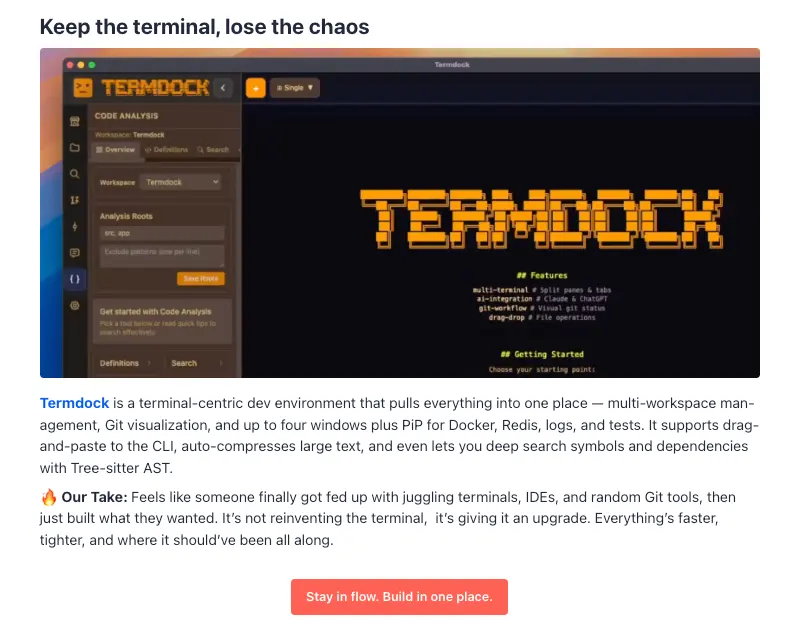 Product Hunt 電子報中 Termdock 的介紹版位